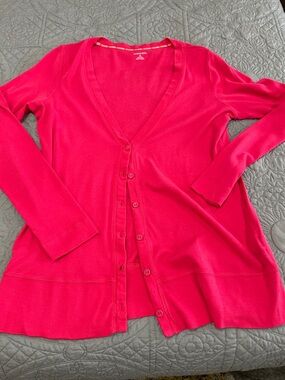 Lands' End Women's Bright Pink V-Neck Button Cardigan M